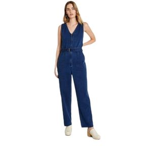 Sleeveless Dark Blue Denim Jumpsuit with Belt